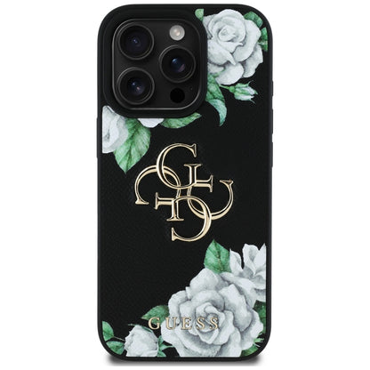 Hoes voor Apple iPhone 16 Pro, Guess, 4G Grained Roses Big Logo, Zwart