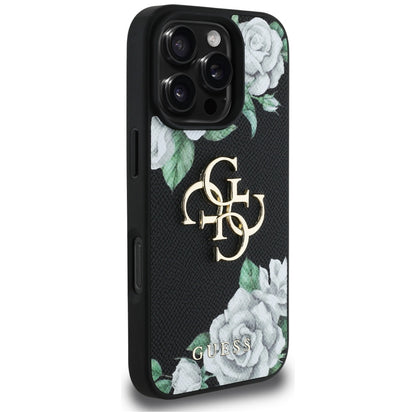 Hoes voor Apple iPhone 16 Pro, Guess, 4G Grained Roses Big Logo, Zwart
