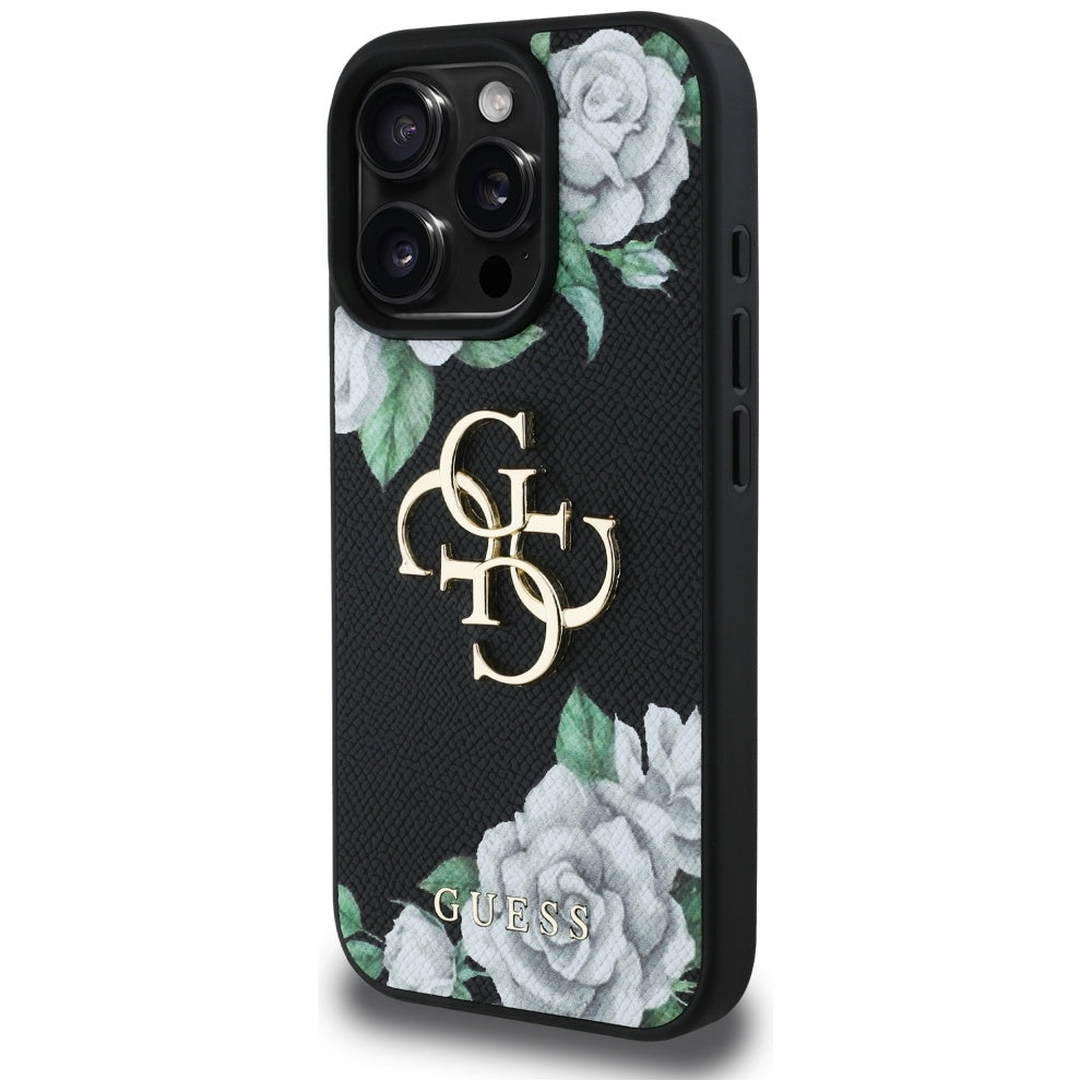 Hoes voor Apple iPhone 16 Pro, Guess, 4G Grained Roses Big Logo, Zwart