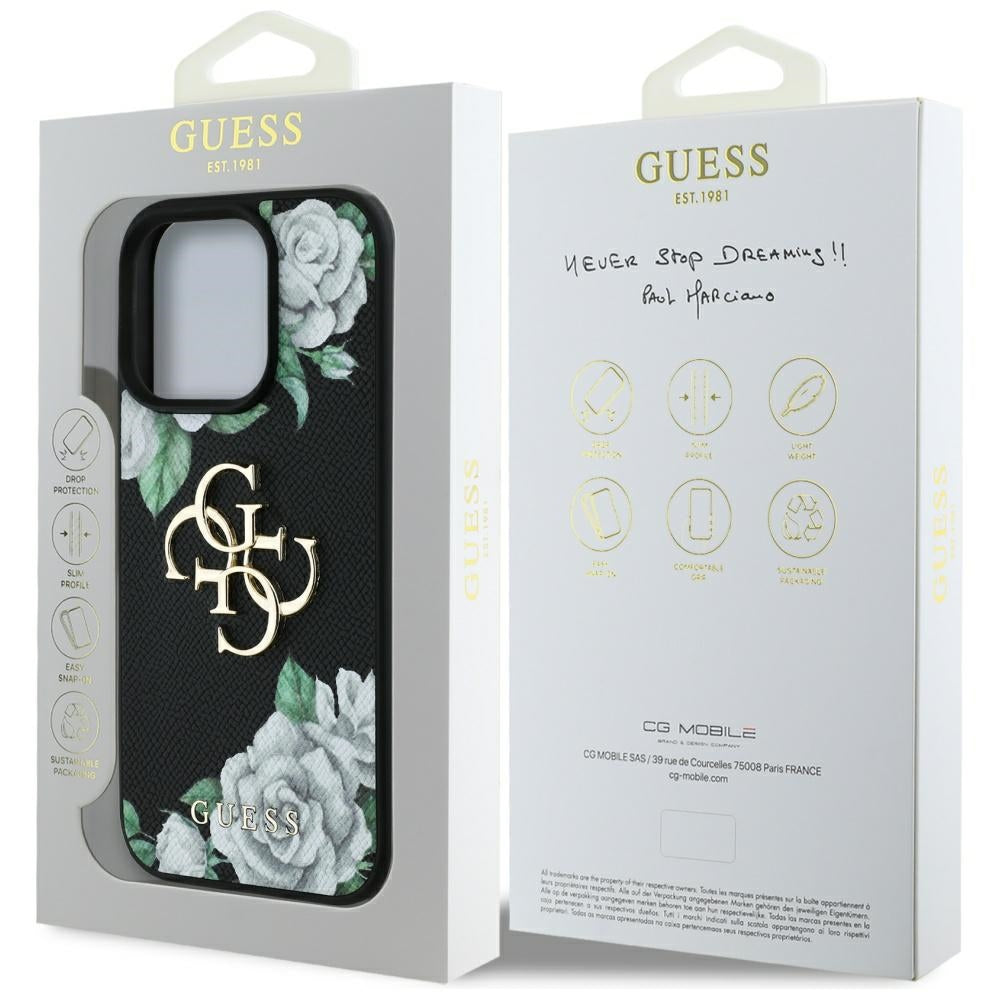 Hoes voor Apple iPhone 16 Pro, Guess, 4G Grained Roses Big Logo, Zwart