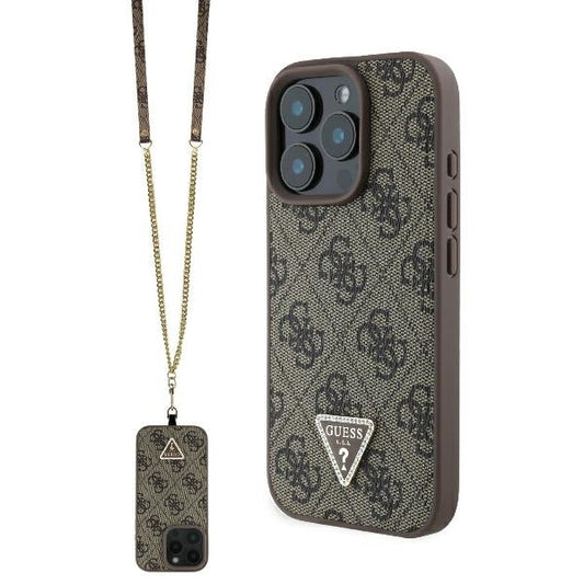 Hoes voor Apple iPhone 16 Pro, Guess, Crossbody 4G Triangle Strass, Bruin