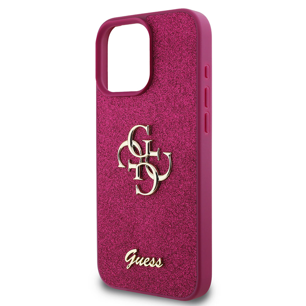 Hülle für Apple iPhone 16 Pro, Guess, Glitter Big 4G Script, Magenta