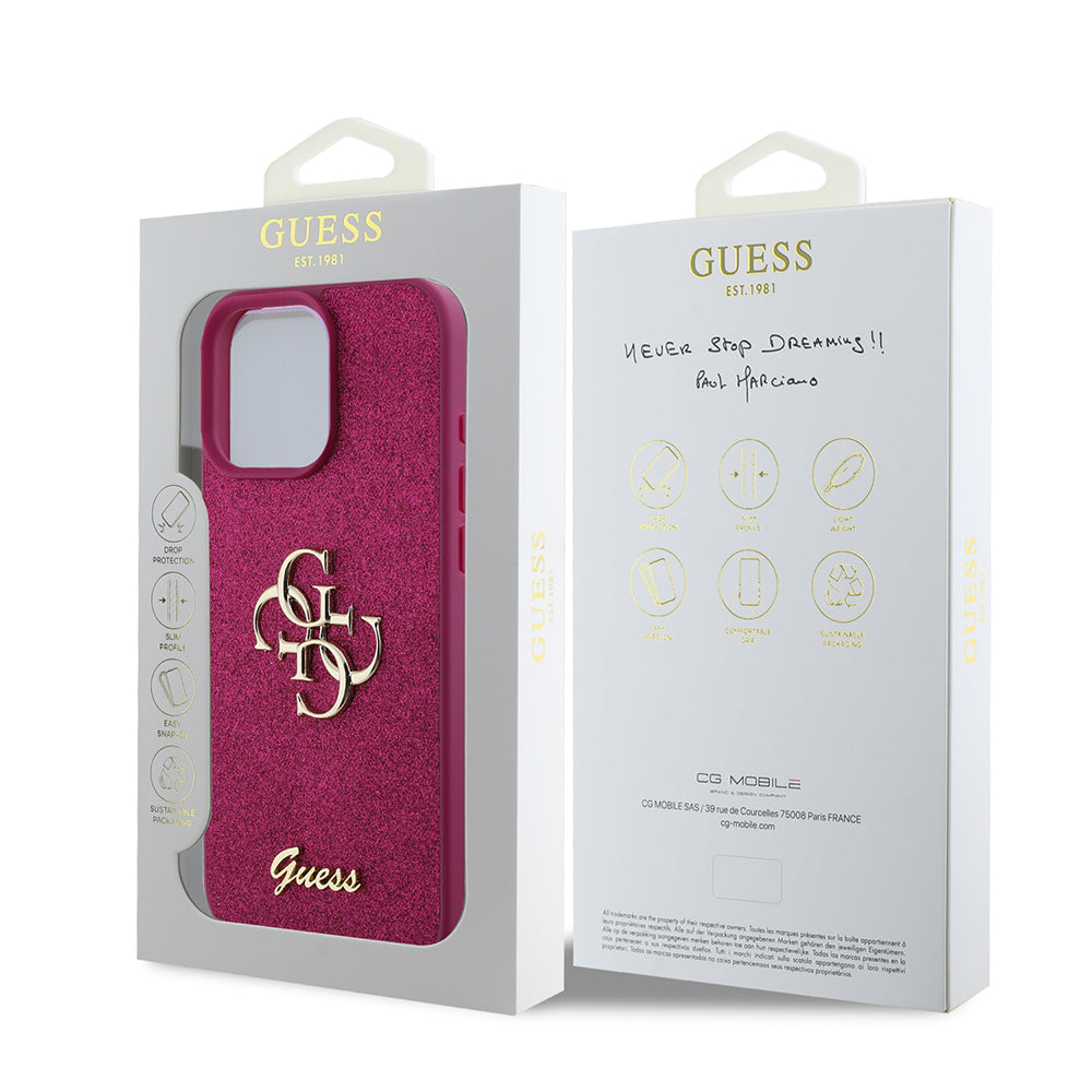 Hülle für Apple iPhone 16 Pro, Guess, Glitter Big 4G Script, Magenta