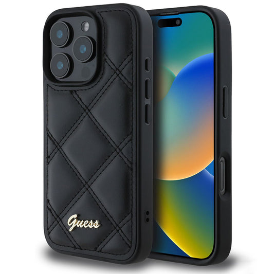Hoes voor Apple iPhone 16 Pro, Guess, Quilted Metal Logo, Zwart