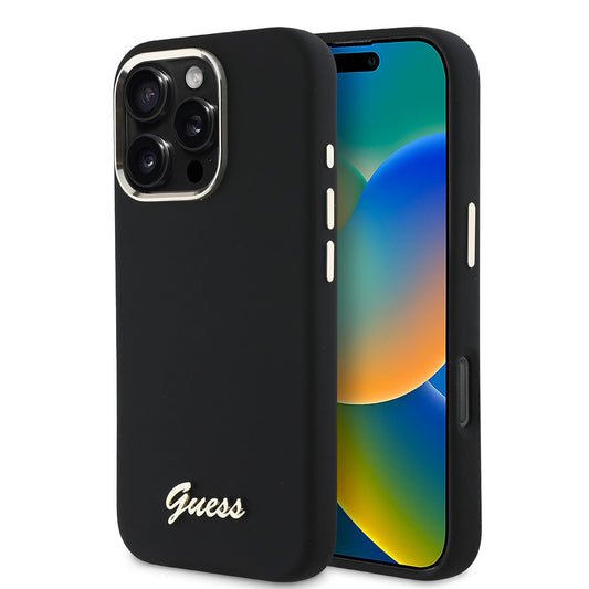 Hoesje voor Apple iPhone 16 Pro, Guess, Script Metal Logo & Frame, Zwart