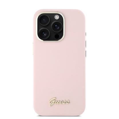 Hoes voor Apple iPhone 16 Pro, Guess, Script Metal Logo & Frame, Roze