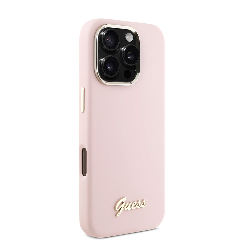 Hoes voor Apple iPhone 16 Pro, Guess, Script Metal Logo & Frame, Roze