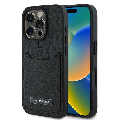Étui pour Apple iPhone 16 Pro, Karl Lagerfeld, Monogramme avec emplacements pour cartes, Noir