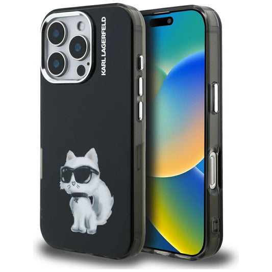 Hoes voor Apple iPhone 16 Pro, Karl Lagerfeld, IML Aquarelle Logo Choupette, Zwart