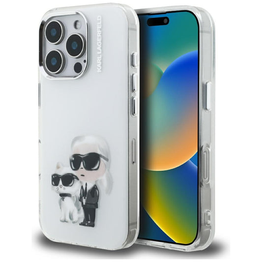 Hoes voor Apple iPhone 16 Pro, Karl Lagerfeld, IML Aquarelle Logo Karl & Choupette, Wit