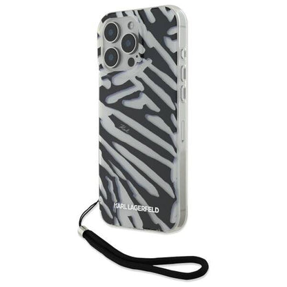 Hülle für Apple iPhone 16 Pro, Karl Lagerfeld, IML Luxury Zebra Muster mit Trageriemen, Schwarz