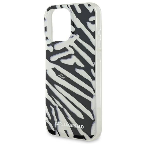 Hülle für Apple iPhone 16 Pro, Karl Lagerfeld, IML Luxury Zebra Muster mit Trageriemen, Schwarz