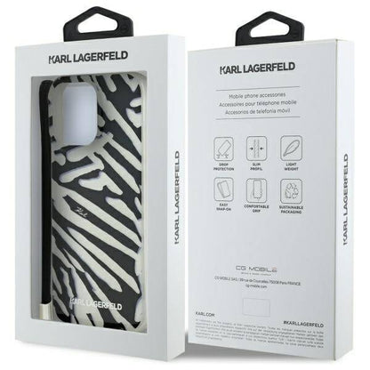 Hülle für Apple iPhone 16 Pro, Karl Lagerfeld, IML Luxury Zebra Muster mit Trageriemen, Schwarz