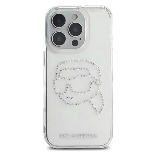 Étui pour Apple iPhone 16 Pro, Karl Lagerfeld, IML Rhinestones Karl's Head, Transparent