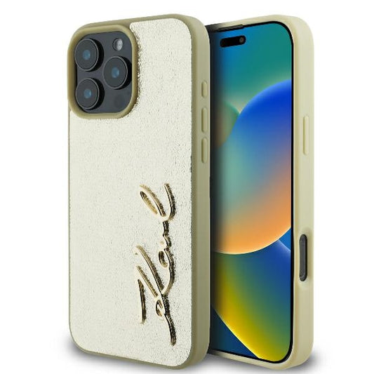 Étui pour Apple iPhone 16 Pro, Karl Lagerfeld, Signature Métallique, Doré