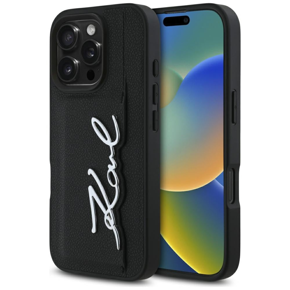 Hülle für Apple iPhone 16 Pro, Karl Lagerfeld, Metal Signature, Schwarz