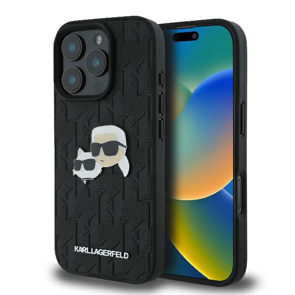 Étui pour Apple iPhone 16 Pro, Karl Lagerfeld, Monogramme Karl & Têtes de Choupette, Noir