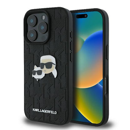 Étui pour Apple iPhone 16 Pro, Karl Lagerfeld, Monogramme Karl & Têtes de Choupette, Noir