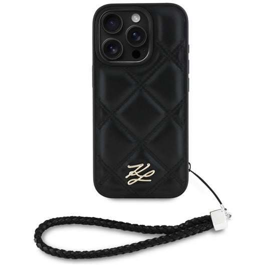 Hoes voor Apple iPhone 16 Pro, Karl Lagerfeld, Quilted Initial Logo & Chain Strap, Zwart