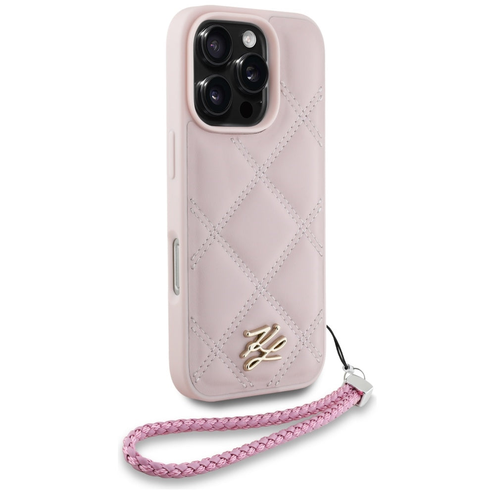 Étui pour Apple iPhone 16 Pro, Karl Lagerfeld, Logo Initial Matelassé & Bandoulière Chaîne, Rose