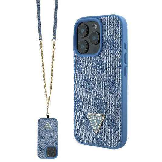 Housse pour Apple iPhone 16 Pro Max, Guess, Crossbody 4G Triangle Strass, Bleue