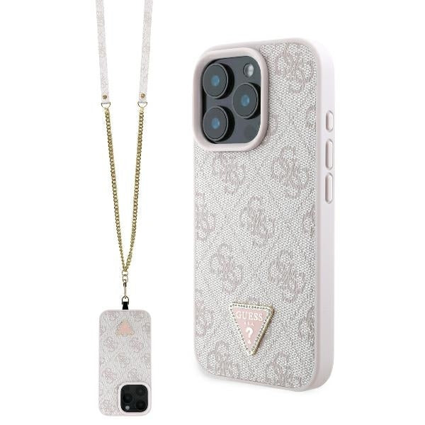 Hülle für Apple iPhone 16 Pro Max, Guess, Crossbody 4G Triangle Strass, Rosa