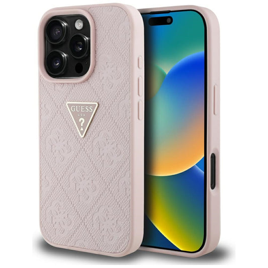 Étui pour Apple iPhone 16 Pro Max, Guess, Hot Stamp 4G Pattern Triangle Logo, Rose