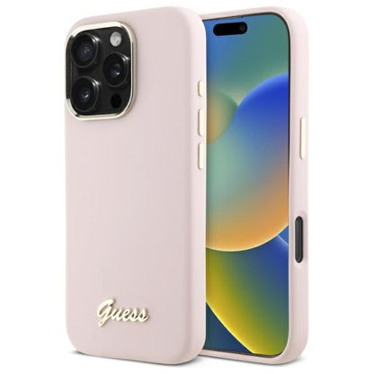 Hoes voor Apple iPhone 16 Pro Max, Guess, Script Metal Logo & Frame, Lichtroze