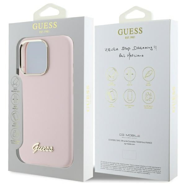 Hoes voor Apple iPhone 16 Pro Max, Guess, Script Metal Logo & Frame, Lichtroze