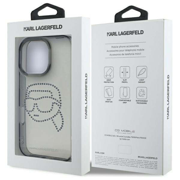Hoes voor Apple iPhone 16 Pro Max, Karl Lagerfeld, IML Rhinestones Karl's Head, Zwart