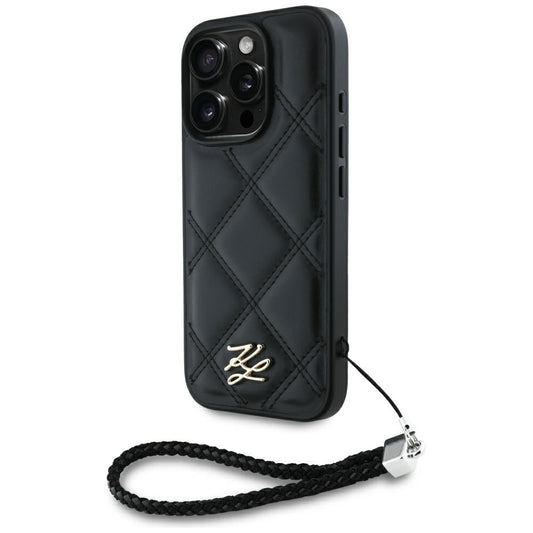 Hoes voor Apple iPhone 16 Pro Max, Karl Lagerfeld, Quilted Initial Logo & Chain Strap, Zwart