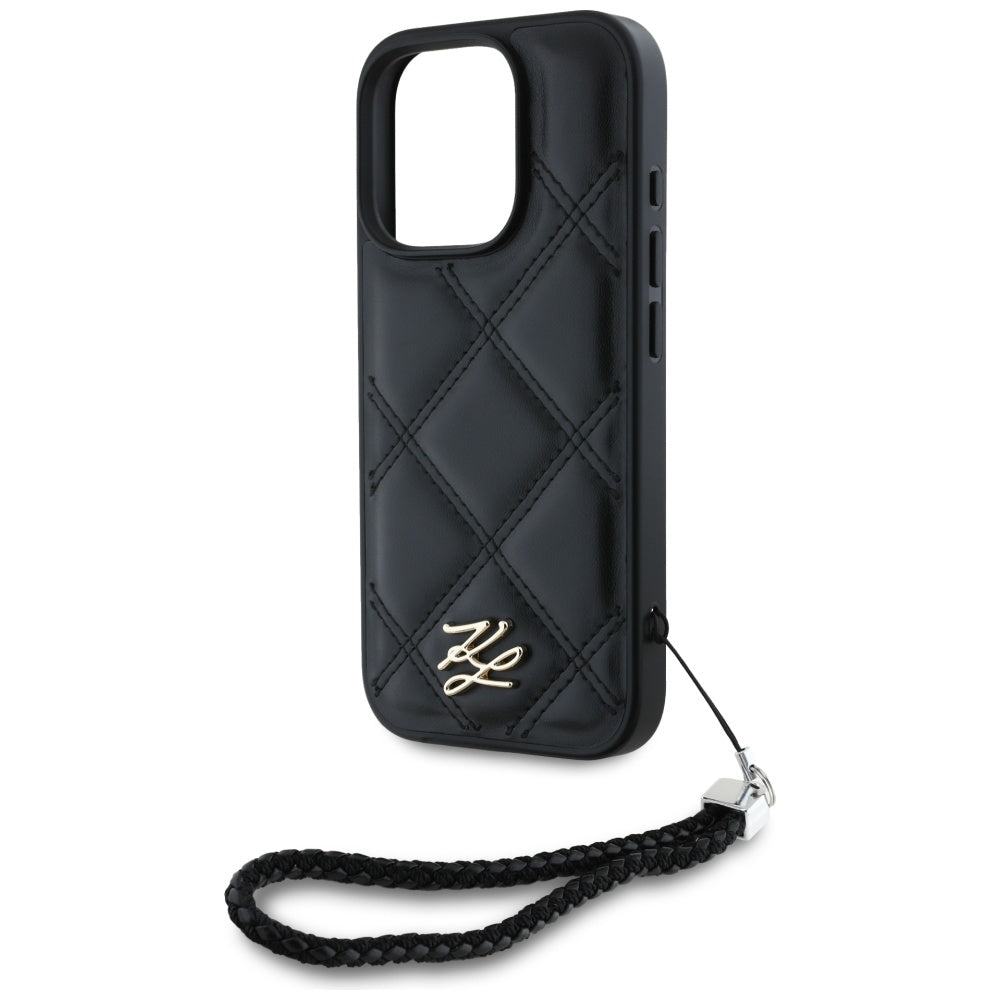 Housse pour Apple iPhone 16 Pro Max, Karl Lagerfeld, Logo Initial Matelassé & Bandoulière Chaîne, Noire