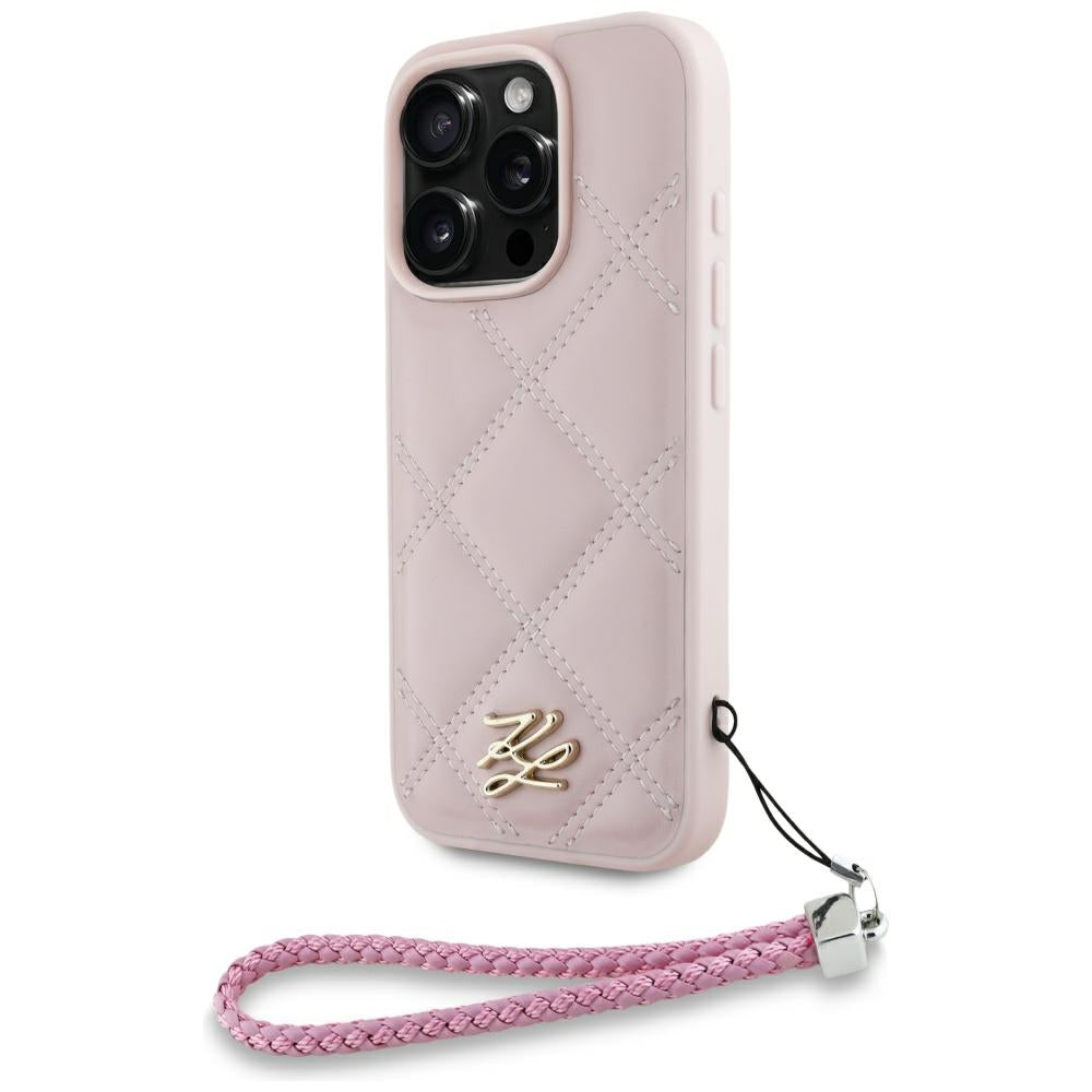 Étui pour Apple iPhone 16 Pro Max, Karl Lagerfeld, Logo Initial Matelassé & Bandoulière Chaîne, Rose