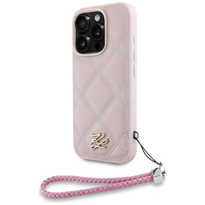 Étui pour Apple iPhone 16 Pro Max, Karl Lagerfeld, Logo Initial Matelassé & Bandoulière Chaîne, Rose