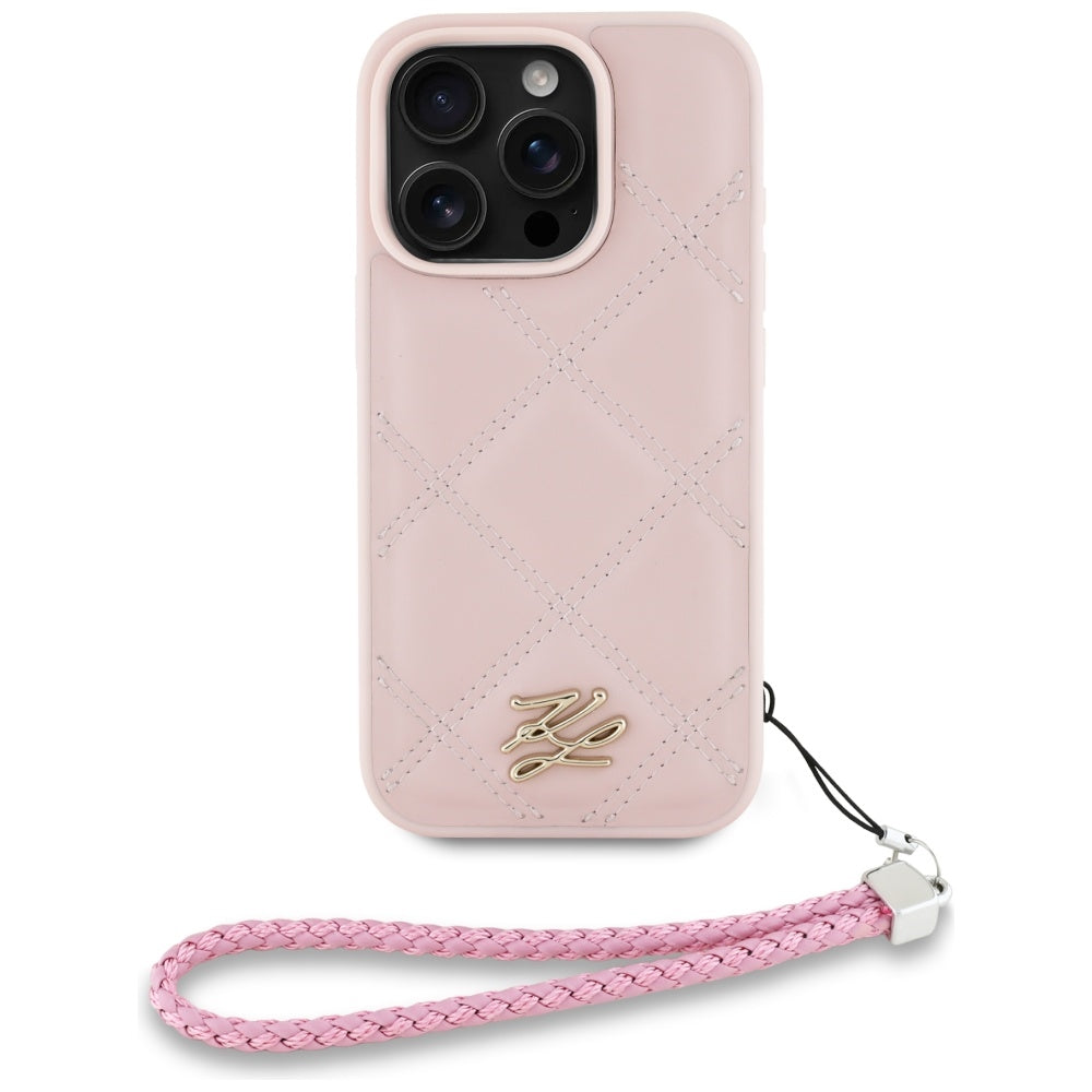 Étui pour Apple iPhone 16 Pro Max, Karl Lagerfeld, Logo Initial Matelassé & Bandoulière Chaîne, Rose