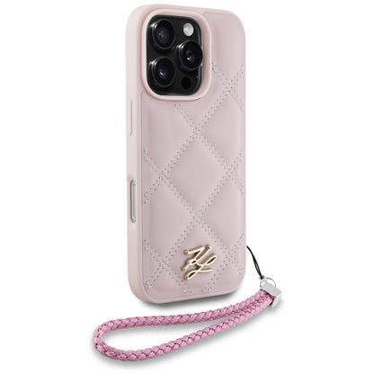 Étui pour Apple iPhone 16 Pro Max, Karl Lagerfeld, Logo Initial Matelassé & Bandoulière Chaîne, Rose