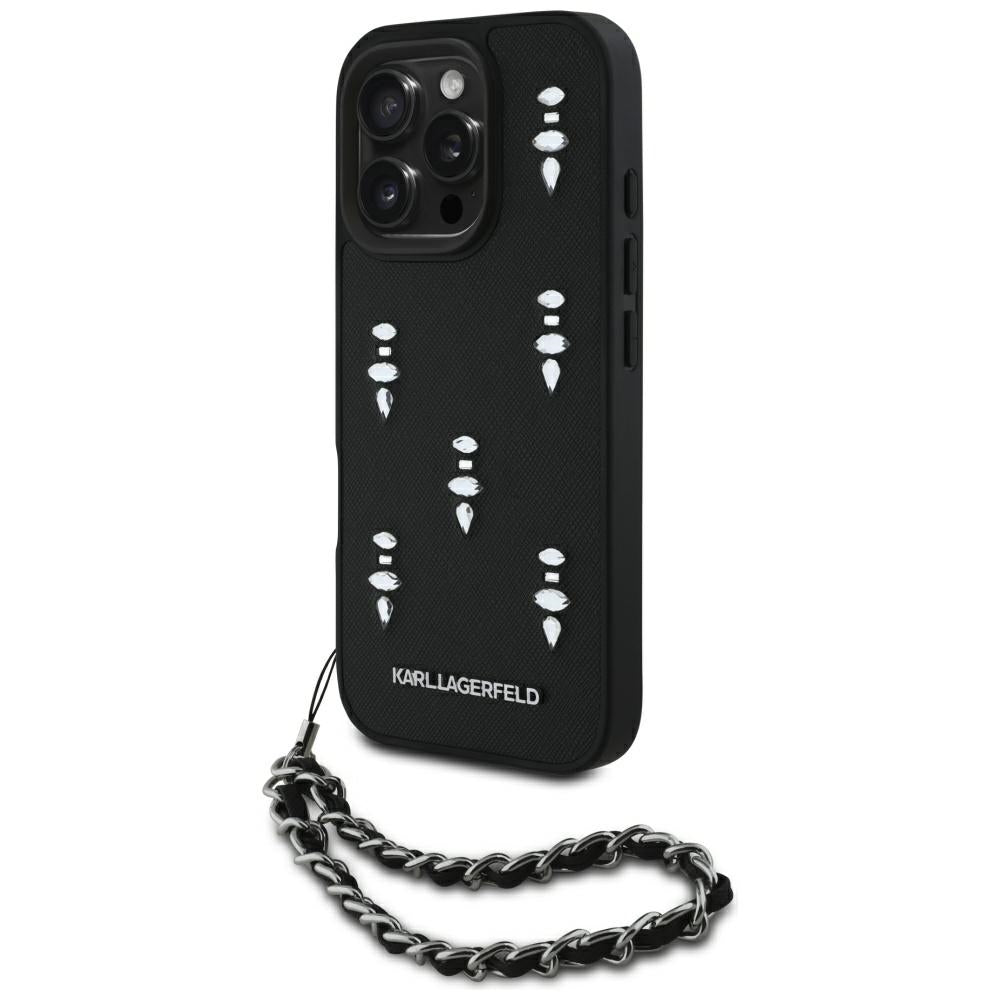 Hoes voor Apple iPhone 16 Pro Max, Karl Lagerfeld, Saffiano Crystals & Charm, Zwart