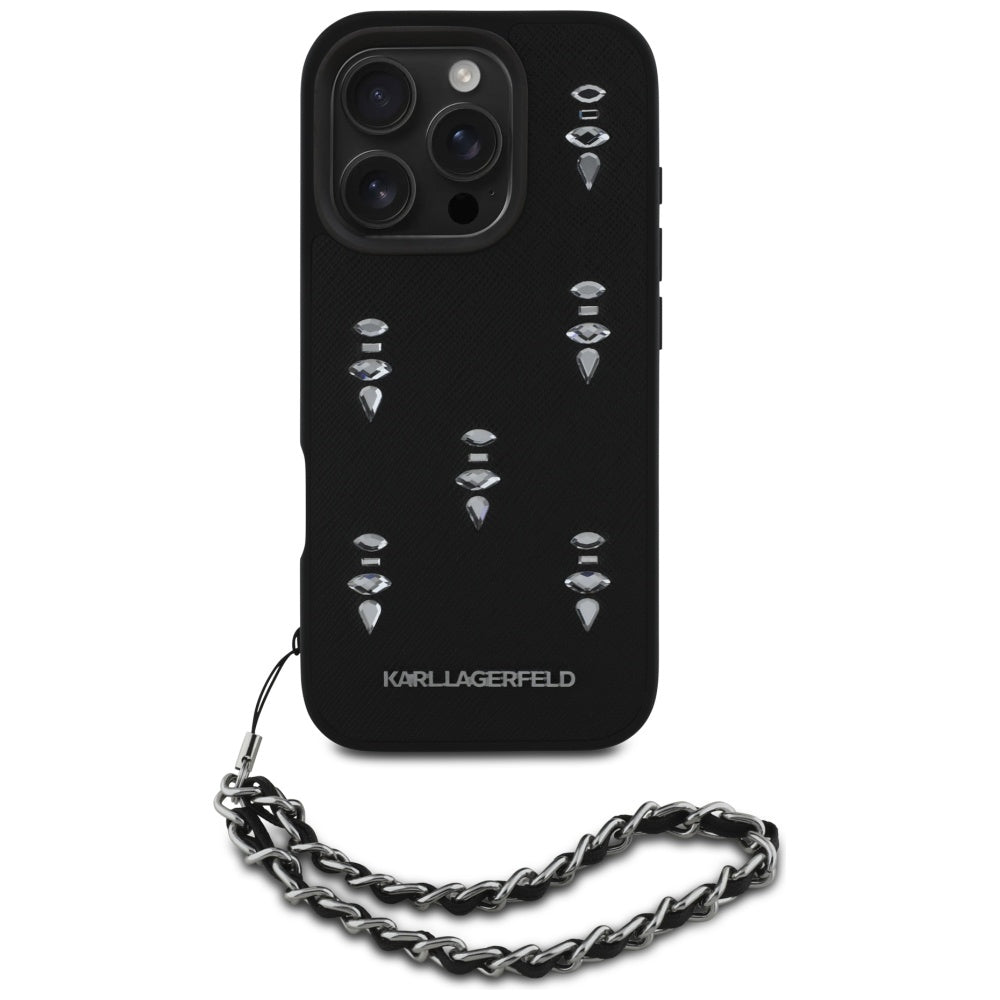 Hoes voor Apple iPhone 16 Pro Max, Karl Lagerfeld, Saffiano Crystals & Charm, Zwart