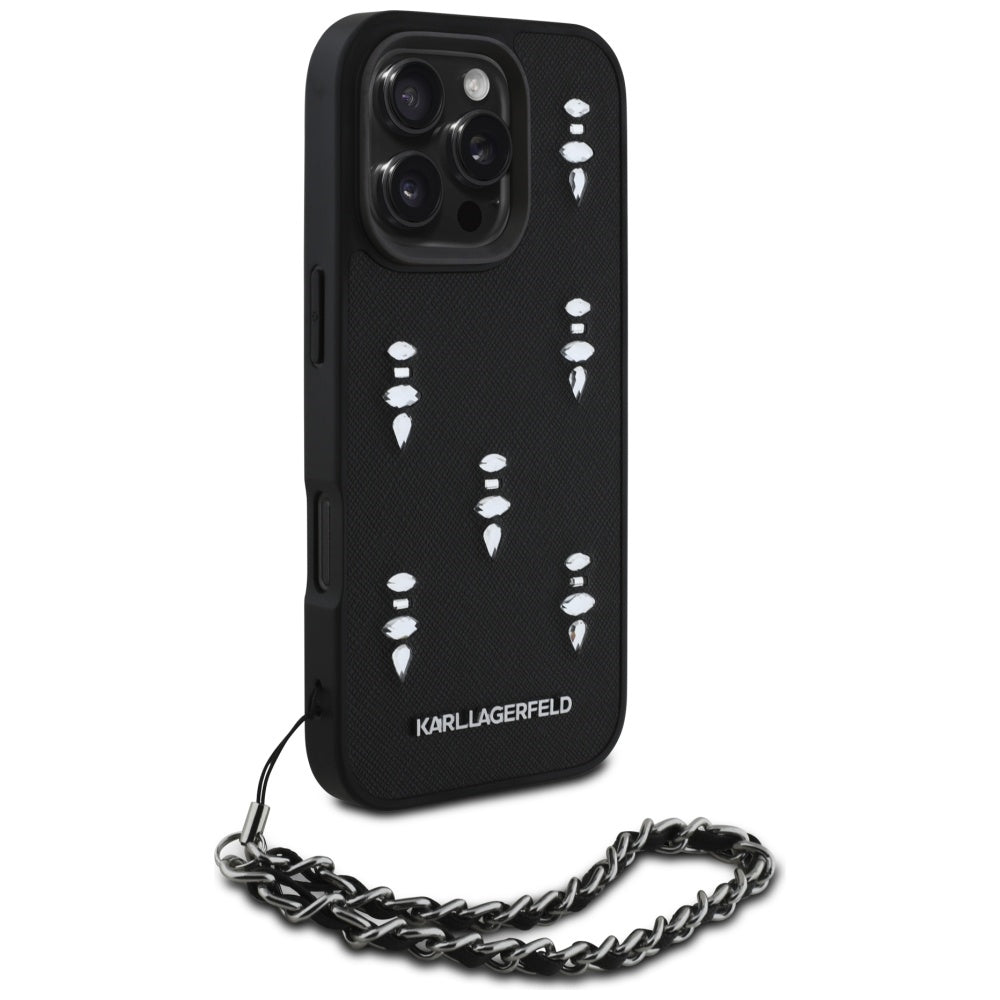 Hoes voor Apple iPhone 16 Pro Max, Karl Lagerfeld, Saffiano Crystals & Charm, Zwart