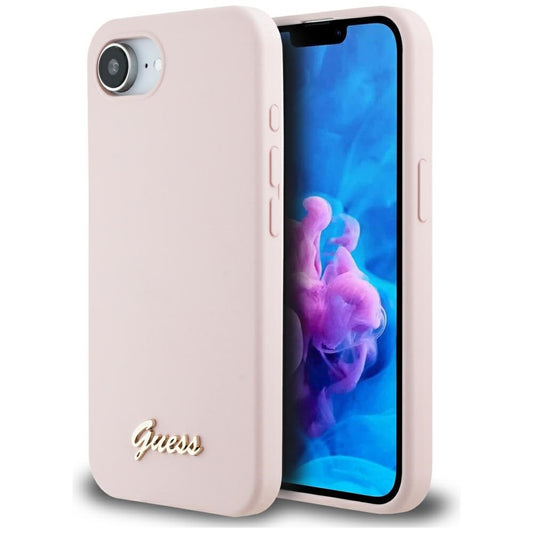 Étui pour Apple iPhone 16e, Guess, Script Metal Logo, Rose