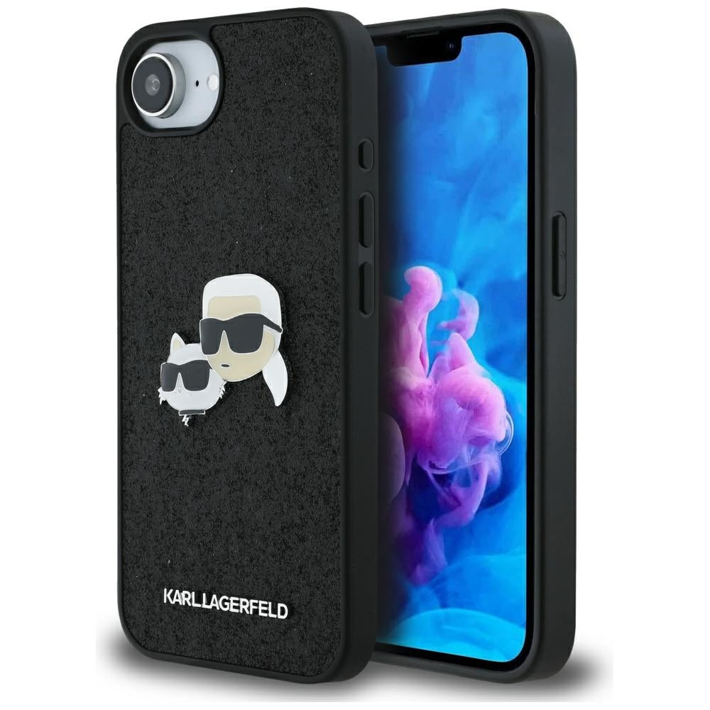 Hoes voor Apple iPhone 16e, Karl Lagerfeld, Glitter Fixed Karl & Choupette's Heads, Blauw