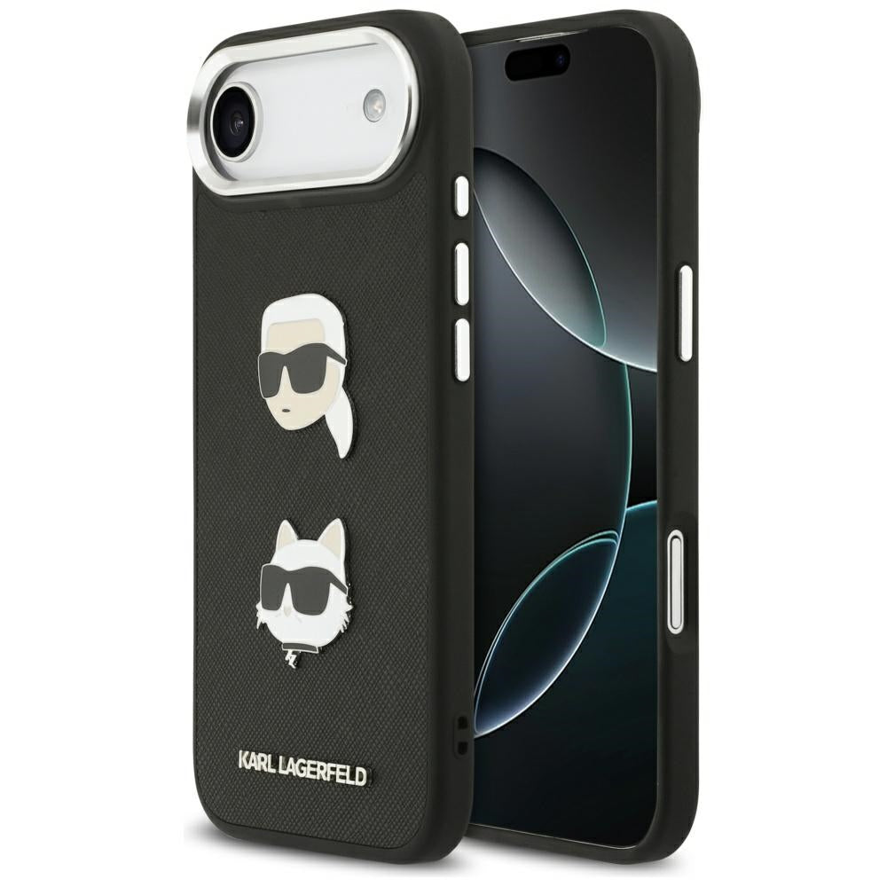 Hülle für Apple iPhone 17 Air, Karl Lagerfeld, Grained Karl & Choupette's Heads Pins and Logo, Schwarz