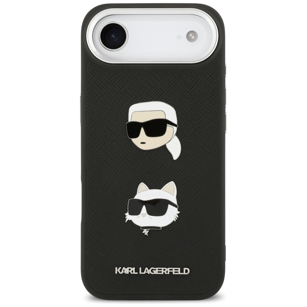 Hülle für Apple iPhone 17 Air, Karl Lagerfeld, Grained Karl & Choupette's Heads Pins and Logo, Schwarz
