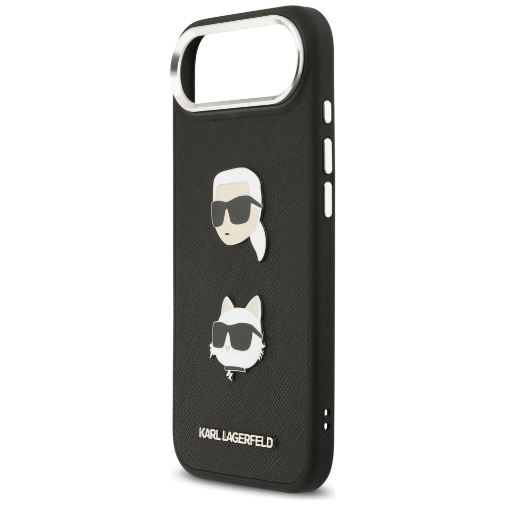Hülle für Apple iPhone 17 Air, Karl Lagerfeld, Grained Karl & Choupette's Heads Pins and Logo, Schwarz