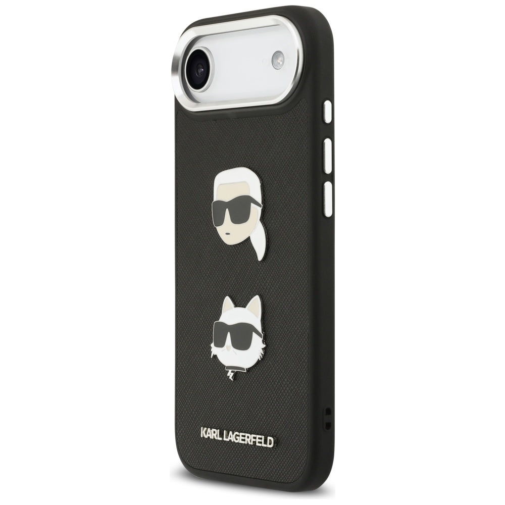 Hülle für Apple iPhone 17 Air, Karl Lagerfeld, Grained Karl & Choupette's Heads Pins and Logo, Schwarz