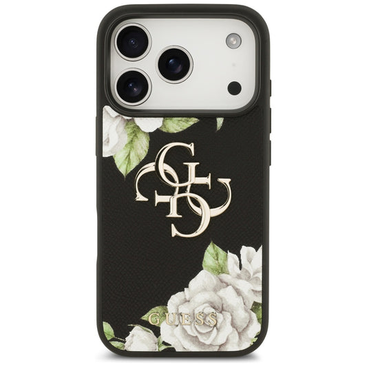 Hoes voor Apple iPhone 17 Pro, Guess, 4G Grained Roses Big Logo, Zwart