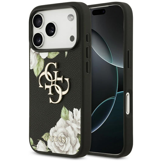 Hoes voor Apple iPhone 17 Pro, Guess, 4G Grained Roses Big Logo, Zwart