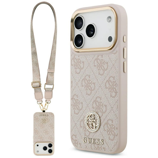 Hoes voor Apple iPhone 17 Pro, Guess, 4G Strass Logo en Grote Band, Roze