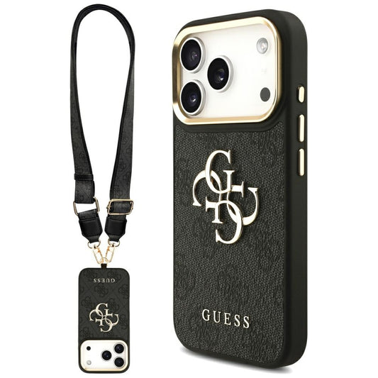 Hoes voor Apple iPhone 17 Pro, Guess, Big 4G Classic Logo met Grote Band, Zwart