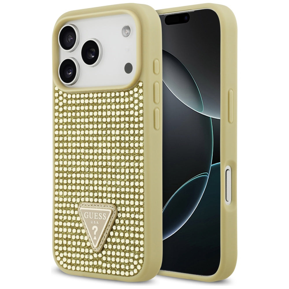 Hoes voor Apple iPhone 17 Pro, Guess, Rhinestone Triangle Logo, Goud
